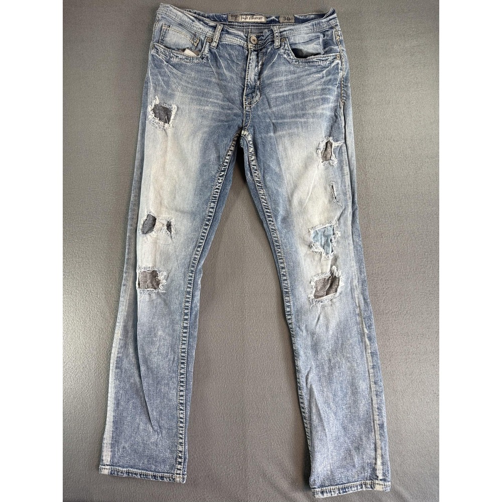 BKE Jake Straight Jeans Mens 34x33 Light Wash Blue Regular Straight Distressed